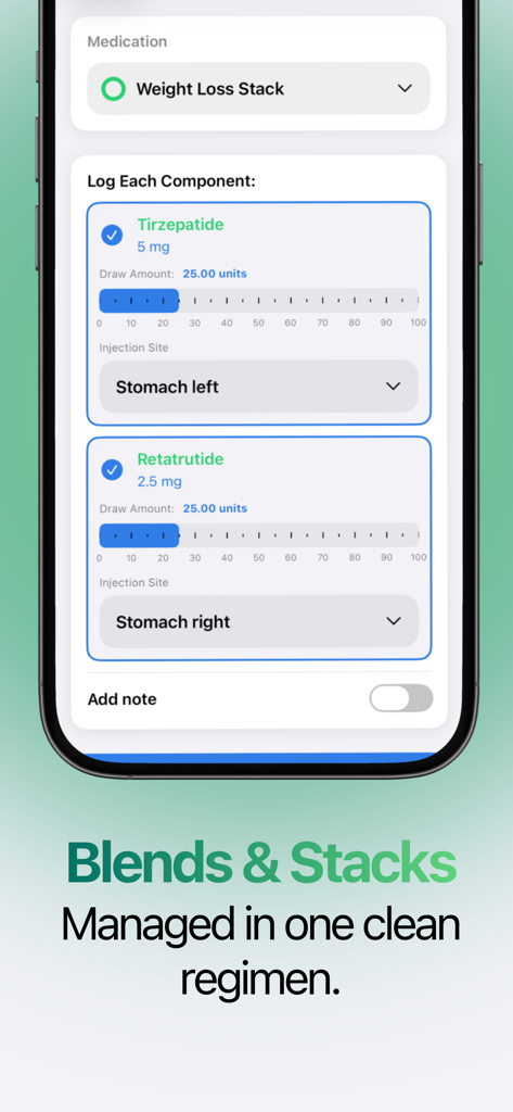 Interface do aplicativo ShotTrackr mostrando o gerenciamento de vários pacotes de medicamentos, incluindo dosagens de Tirzepatida e Retatrutida