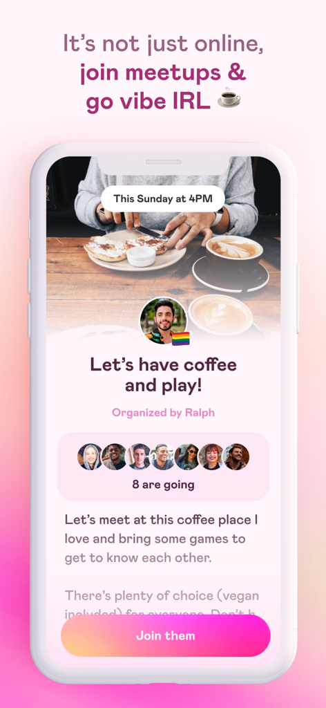 Un écran mobile montrant l'interface de l'application Vibes pour un événement de rencontre café et jeux LGBTQ.