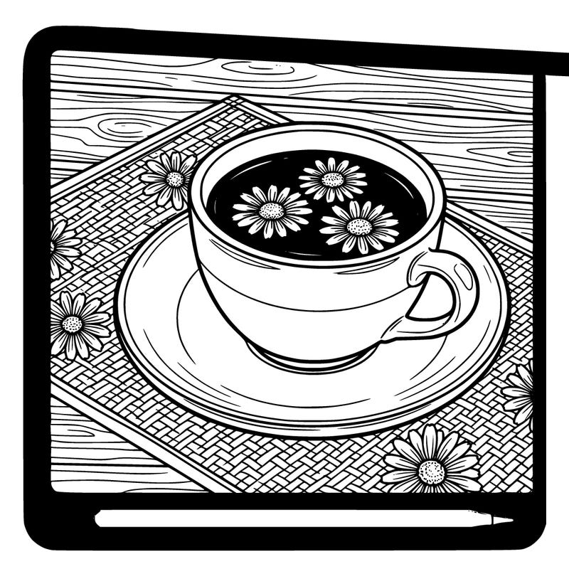 cup of tea with 3 flowers in it on a plate on a flower place mat on a table