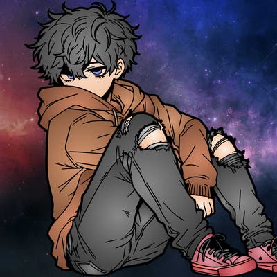 a male hoddie ripped jeans messy hair anime