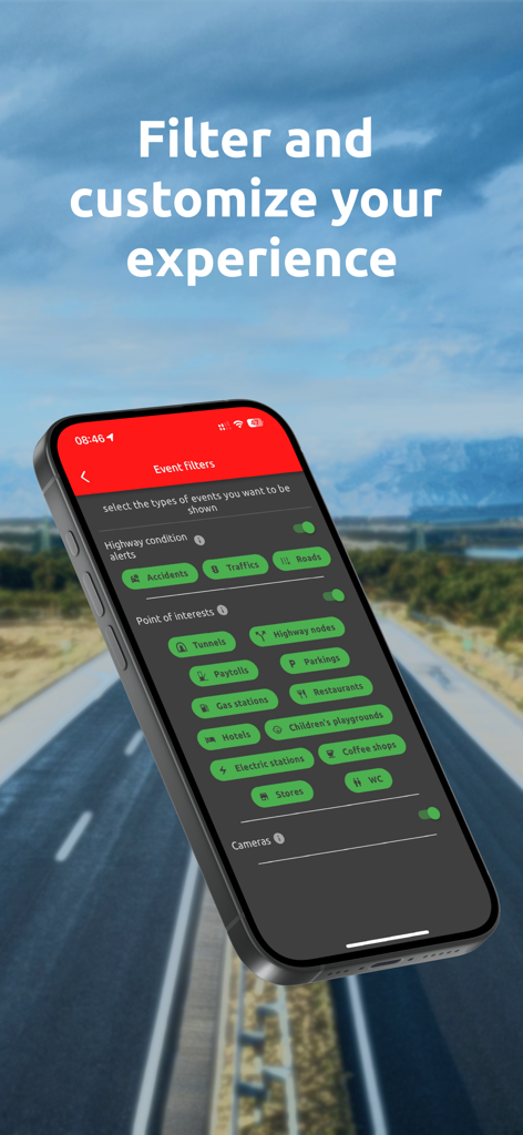 Pantalla de la aplicación LiveTrafficHR mostrando alertas de condiciones de la carretera y filtros de puntos de interés para viajeros en Croacia