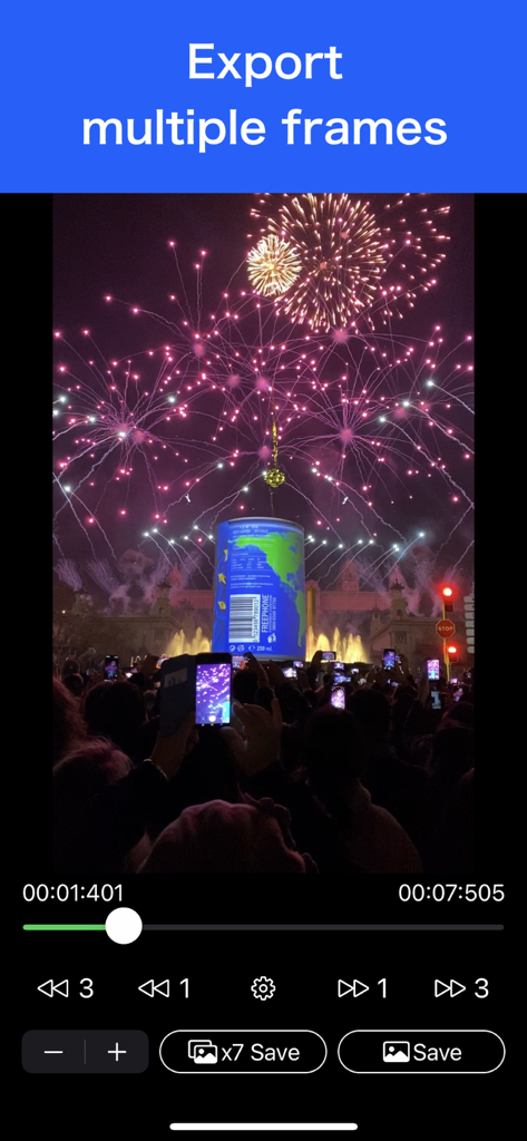 Video to Photo - Grab HD Pic - Interface of Video to Photo app showing the export of multiple frames from a fireworks display video