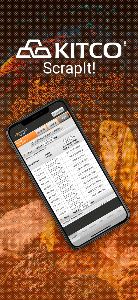 Kitco ScrapIt app interface showing a professional gold scrap value calculator with real time market prices