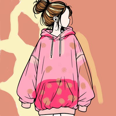 realistic girl with a oversized sweatshirt on and a bun