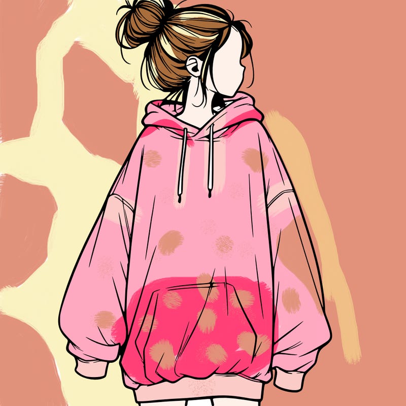 realistic girl with a oversized sweatshirt on and a bun