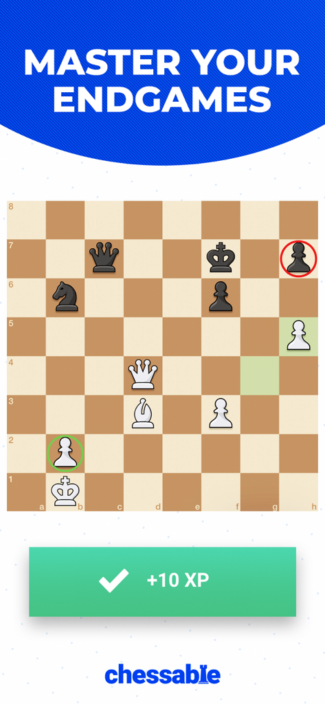 Un échiquier sur l'application Chessable illustrant une session d'étude de finale avec une notification de récompense
