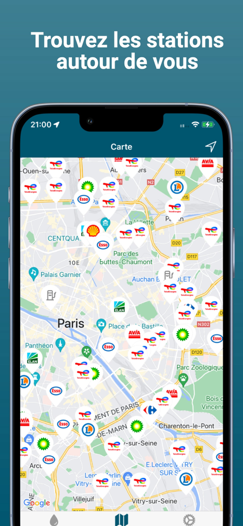 Mon Essence - Prix carburants - Interface de mapa na aplicação Mon Essence mostrando inúmeros postos de gasolina com logótipos de marcas em Paris.