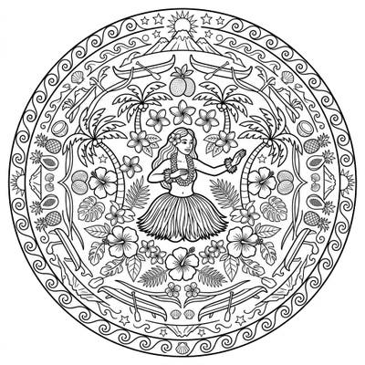 Immerse yourself in the graceful movements of a Hula dancer surrounded by a tropical paradise. This intricate mandala combines vacation bliss with Polynesian charm, offering a unique coloring escape.