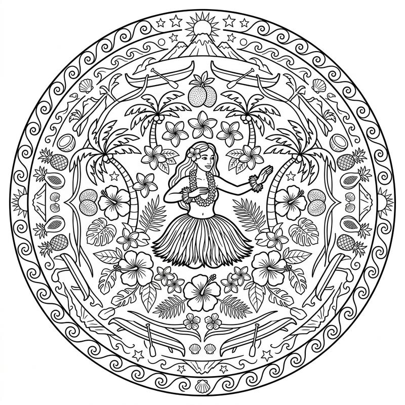 Immerse yourself in the graceful movements of a Hula dancer surrounded by a tropical paradise. This intricate mandala combines vacation bliss with Polynesian charm, offering a unique coloring escape.