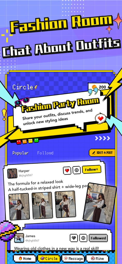 Taogge-Chat,Meet Stranger - Taogge app interface displaying a fashion social feed and outfit sharing rooms in a pixel art style.
