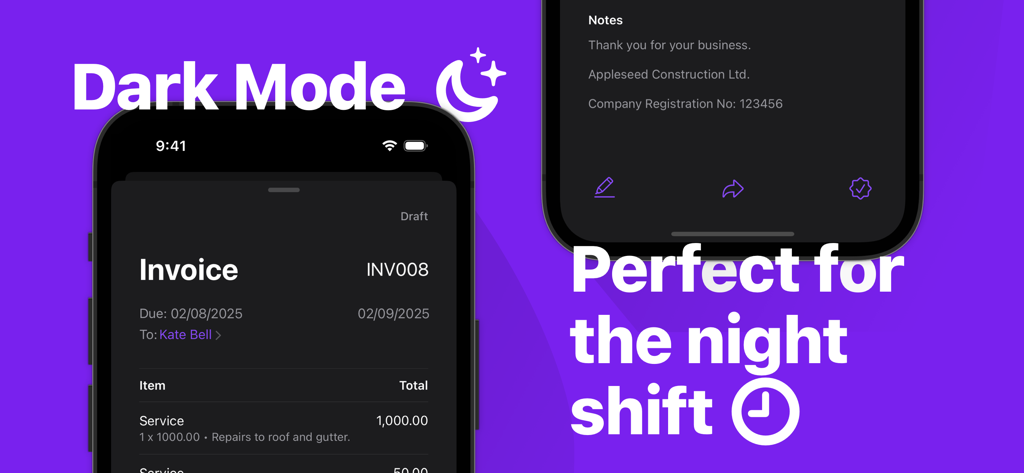 Invoices: Simple Invoice Maker - Dark mode feature in the Simple Invoice Maker app for night shift professional invoicing