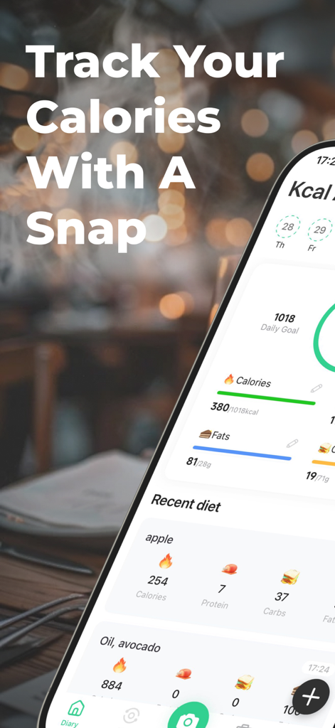 KCal AI:CalorieTracker&Counter - KCal AIアプリのインターフェース。写真認識によるカロリー追跡と毎日の栄養内訳を表示。