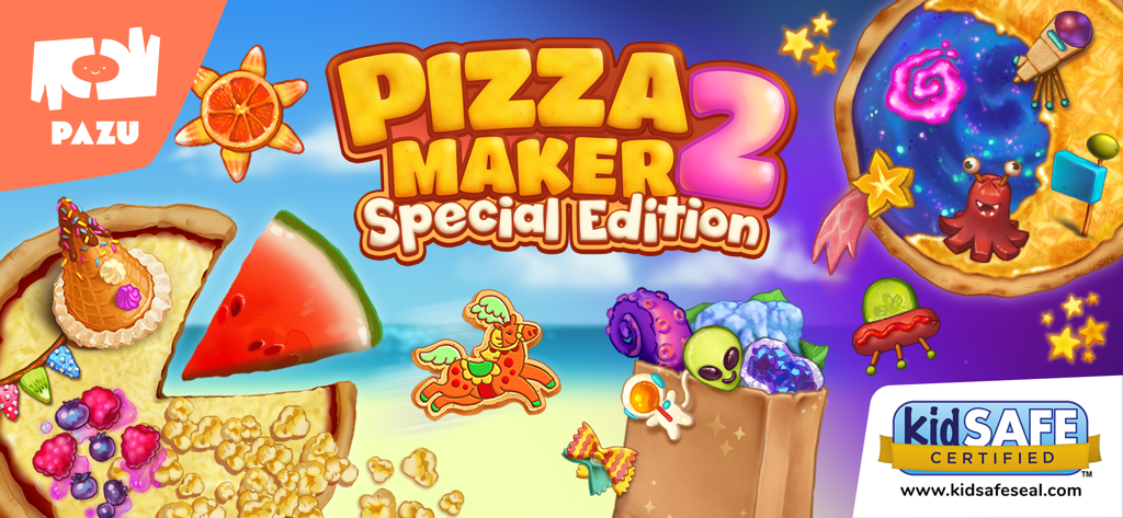 Pizza Maker 2 - Banner promocional de Pizza Maker 2 Edición Especial con ingredientes de pizza imaginativos y certificación kidSAFE