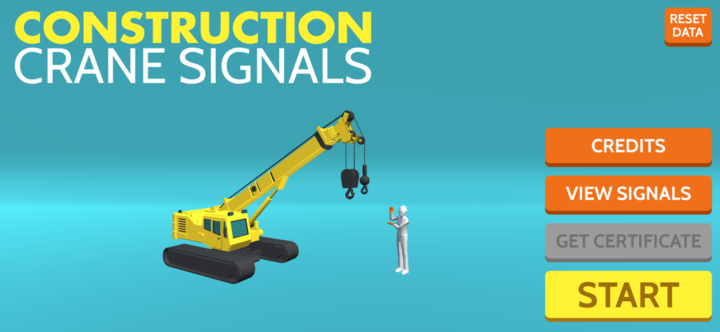 Construction Crane Signals - The main menu of the Construction Crane Signals mobile app featuring a crane and signal person.