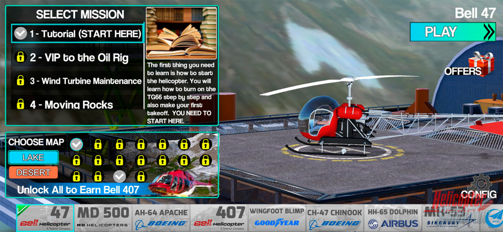 Helicopter Simulator 2026 - Mission selection menu in Helicopter Simulator 2026 showing a Bell 47 helicopter on a helipad