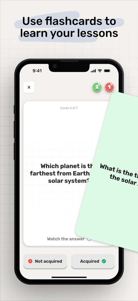 태양계에 대한 질문이 있는 플래시카드 세션을 보여주는 Student AI 앱의 인터페이스.