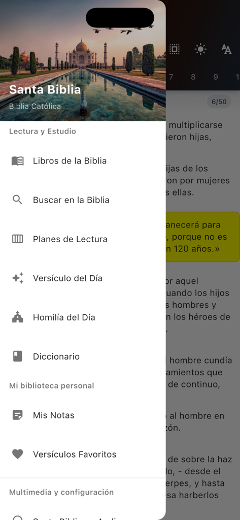 Santa Biblia Catolica Romana - Menú de navegación de la aplicación Santa Biblia Católica que muestra herramientas de estudio y planes de lectura