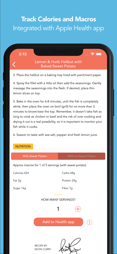 FitMenCook - Healthy Recipes - FitMenCook app interface showing healthy recipe nutrition facts and Apple Health integration
