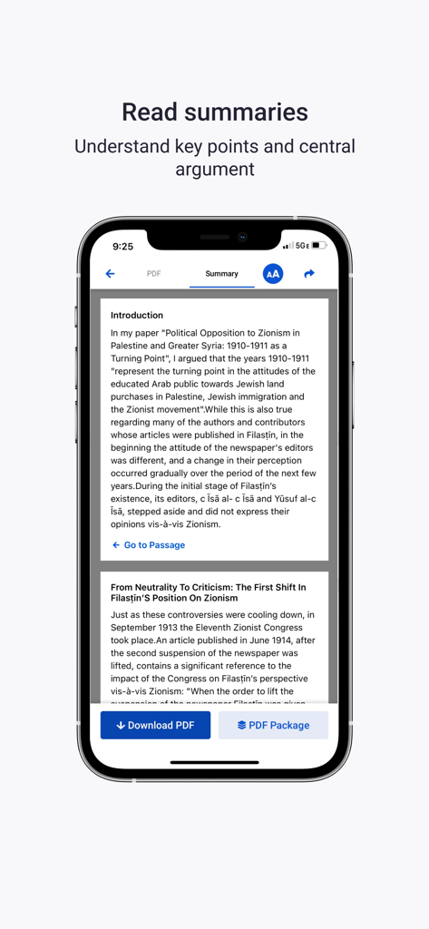 A smartphone screen displaying the Academia.edu app featuring a summary of an academic paper to help researchers understand key points.