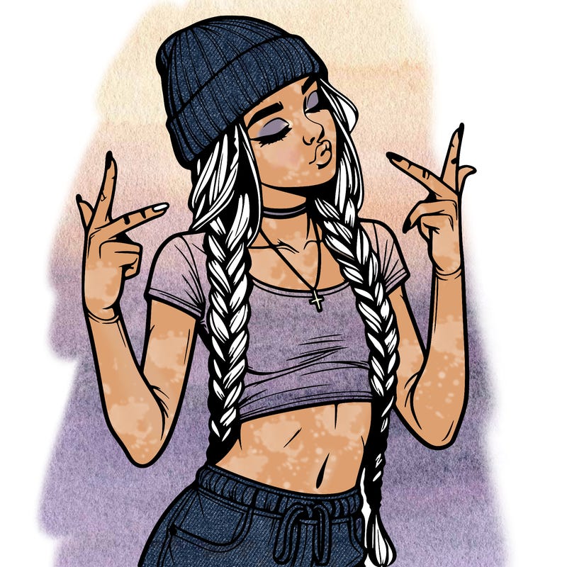 realistic teenage girl with braids and a beanie and crop top doing 🫶🏼