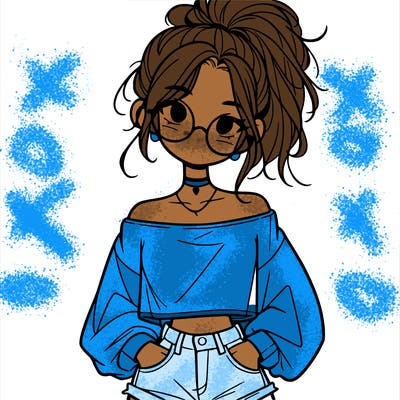 girl with a messy ponytail glasses a baggy crop top and jean shorts