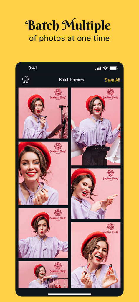 A mobile interface showing a batch preview of multiple photos being watermarked simultaneously