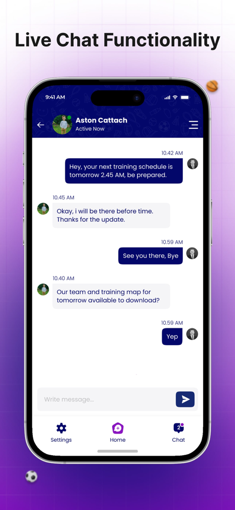 Schermata dell'app mobile SquadDeck che mostra la funzionalità di chat dal vivo per aggiornamenti sulla comunicazione e la pianificazione del club sportivo.