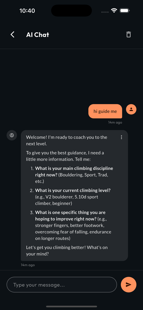 Climbah: Bouldering & Climb AI - Climbah app AI chat screen showing personalized coaching questions for climbers