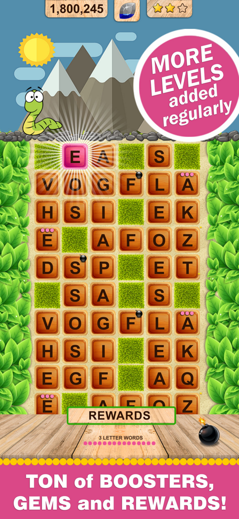 Word Wow Seasons - Capture d'écran de Word Wow Seasons montrant une grille de lettres avec un ver et une bannière de récompenses