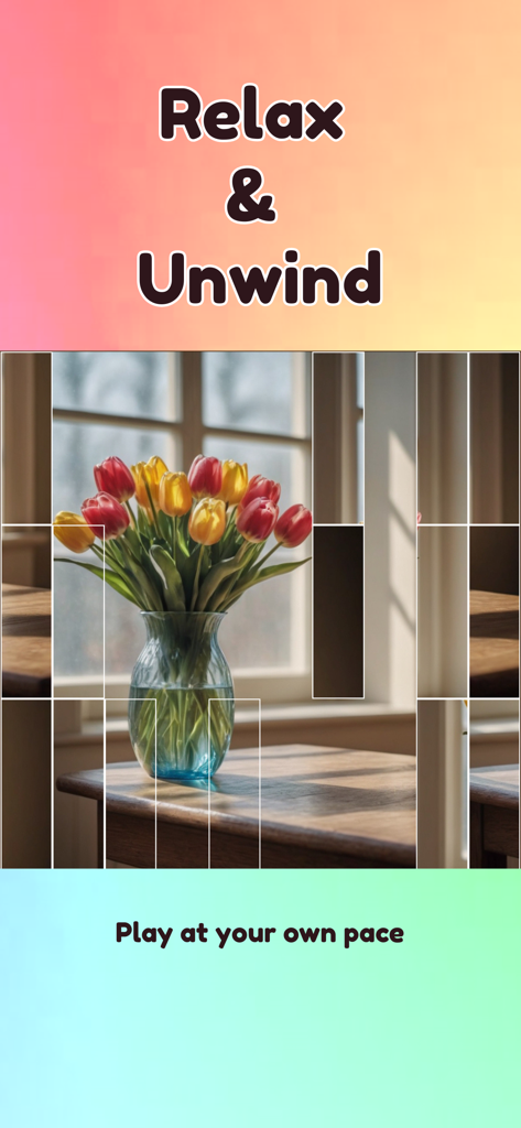 Jigsaw Puzzle & Brain Games - A sliding puzzle of tulips in a vase with the text Relax and Unwind Play at your own pace