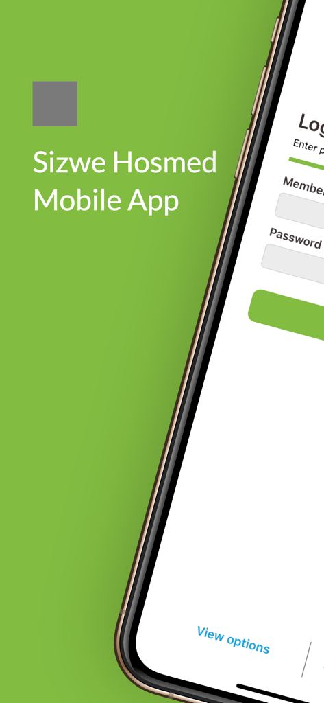 Login screen for Sizwe Hosmed medical fund mobile application