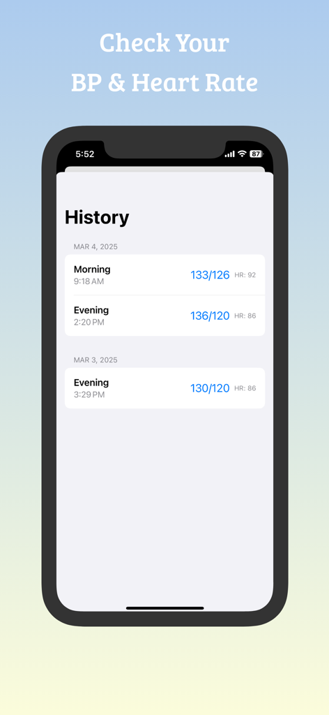 Blood Pressure Averager - A mobile screen showing a daily history log of blood pressure and heart rate readings categorized by morning and evening
