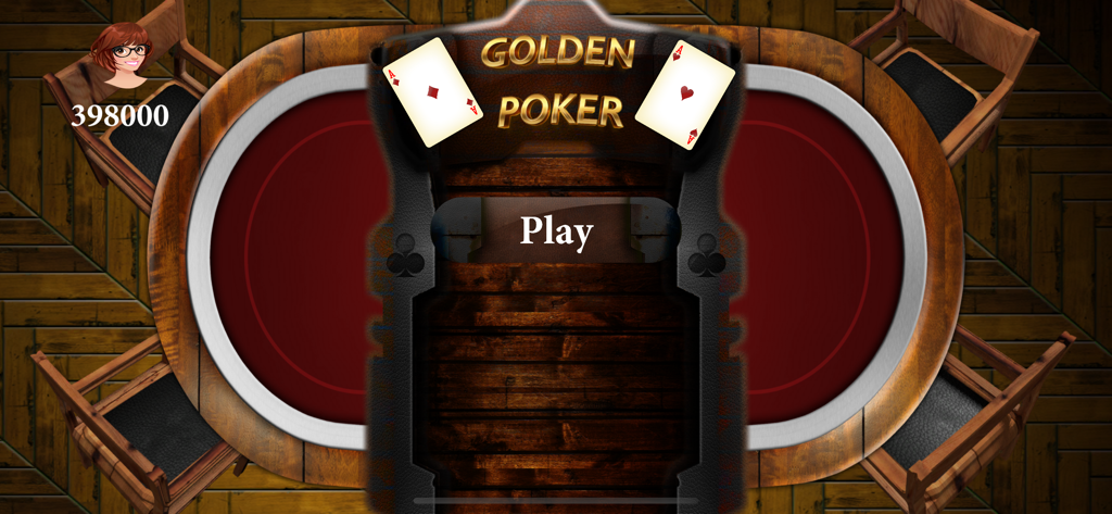 Golden Texas Holdem Poker - Menu principal de l'application mobile Golden Texas Holdem Poker avec un bouton de lecture et un fond de table de poker en bois.