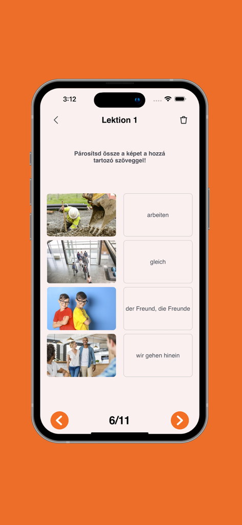 Deutsche Vokabelzuordnungsübung in der Raabe Klett Bildungs-App mit Bildern und entsprechenden Vokabeln
