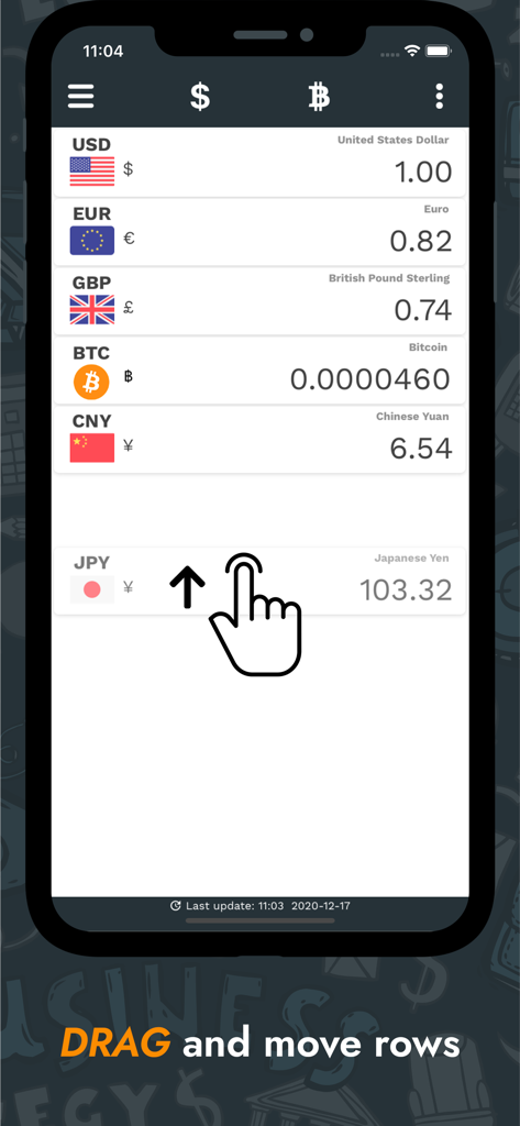 User interface of the Currency and Crypto Converter app demonstrating how to drag and move currency rows to reorder them.
