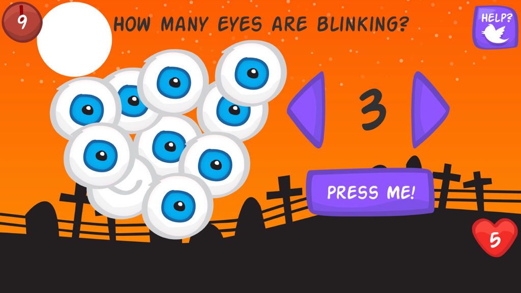 The Impossible Test HALLOWEEN - Haunted Holiday Trivia Game - A gameplay screenshot of The Impossible Test Halloween asking how many eyes are blinking with cartoon eyeballs in a cemetery
