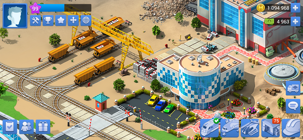 Screenshot in-game di una zona industriale a Megapolis con un centro di ricerca e treni merci