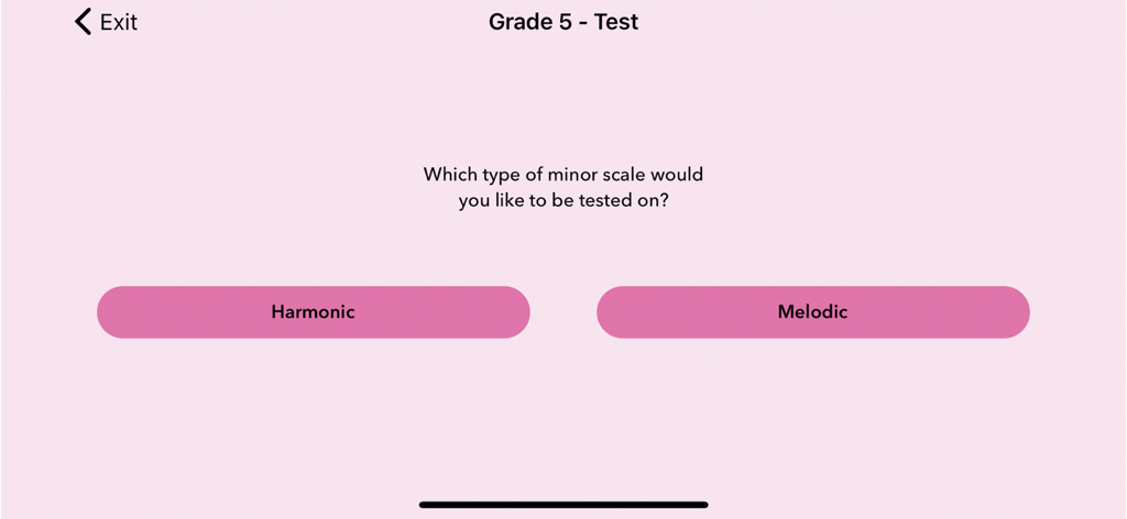 ABRSM Piano Scales Trainer - Test selection screen for Grade 5 harmonic and melodic minor scales in ABRSM app