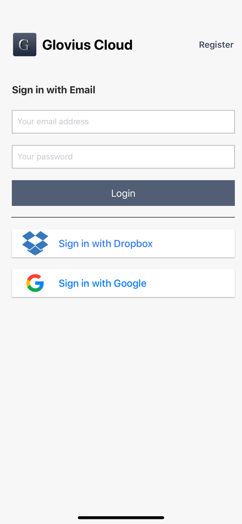 Pantalla de inicio de sesión de Glovius Cloud con opciones para iniciar sesión con correo electrónico, Dropbox o Google