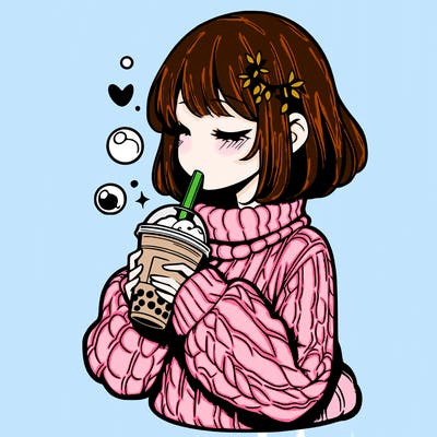 manga girl drinking boba in cozy sweater