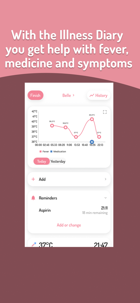 Time for baby - Breastfeeding - Diario delle malattie del bambino con un grafico della temperatura febbrile e promemoria per i farmaci