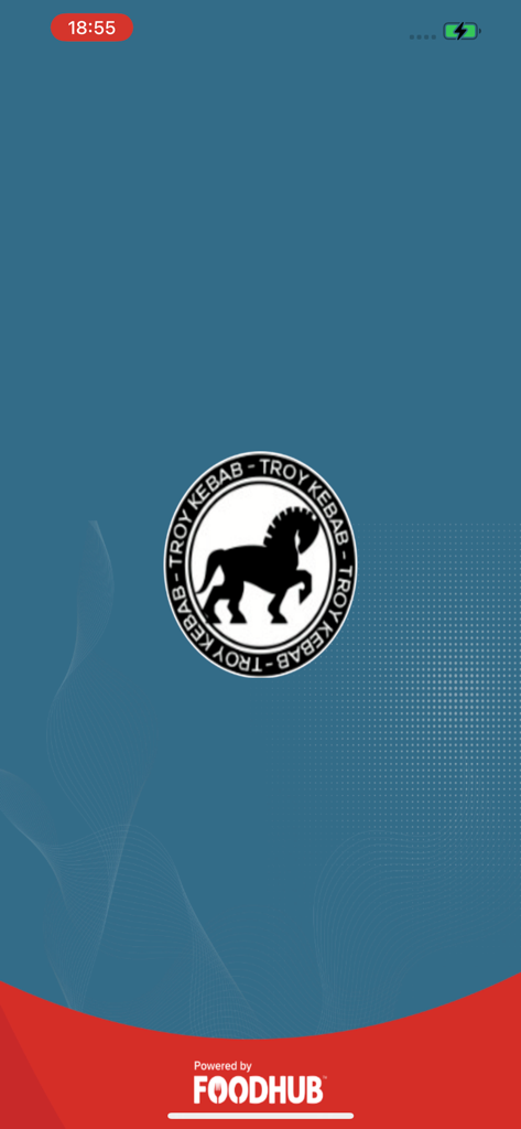Troy Kebab mobile app splash screen featuring a central horse logo and Foodhub branding at the bottom