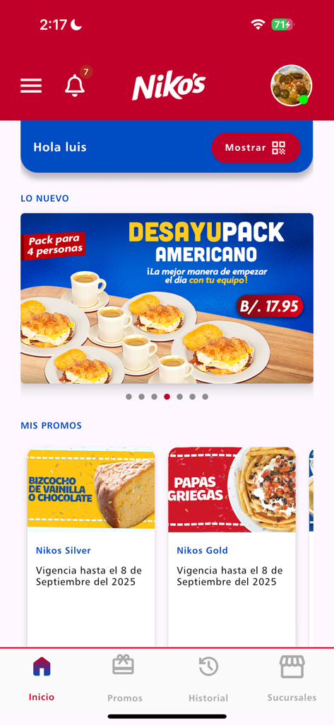 Niko´s - Niko's restaurant loyalty app home screen showing current promotions and member rewards