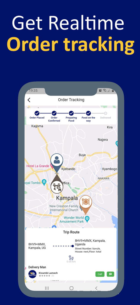 Eazzy Food - A smartphone interface showing real-time order tracking for a food delivery including a map view and status progress bar