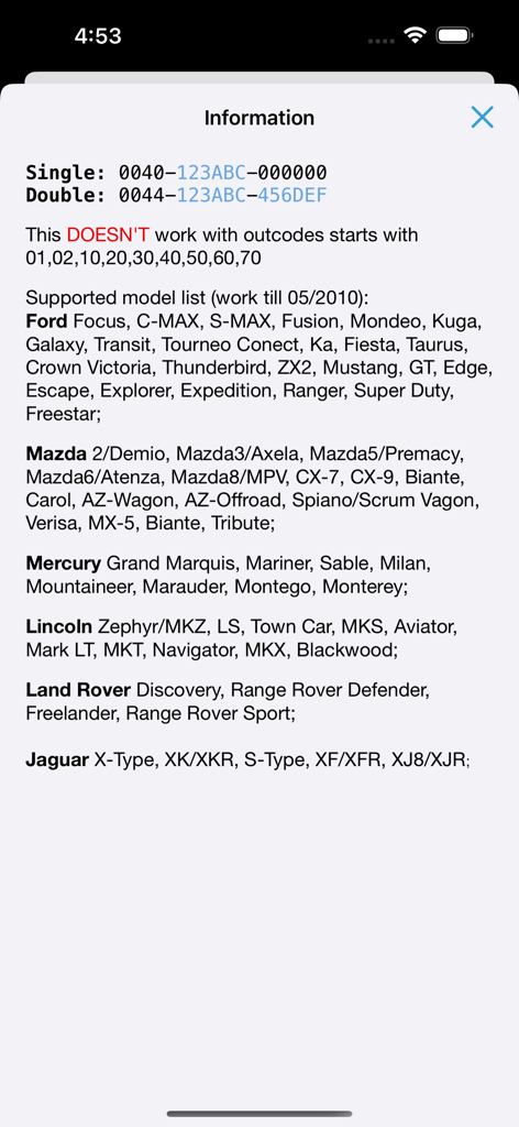 List of supported car models and outcode information for Ford PATS Incode Calculator.