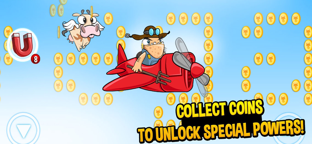 Run Cow Run - A winged cow flying past a farmer in a red plane while collecting gold coins to unlock special powers.