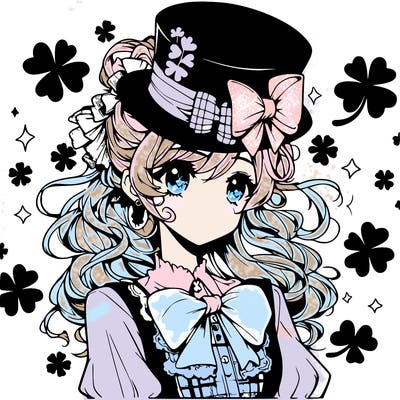 a manga-style girl with clovers around her, a little hat in her hair, like it's saint patrick's day