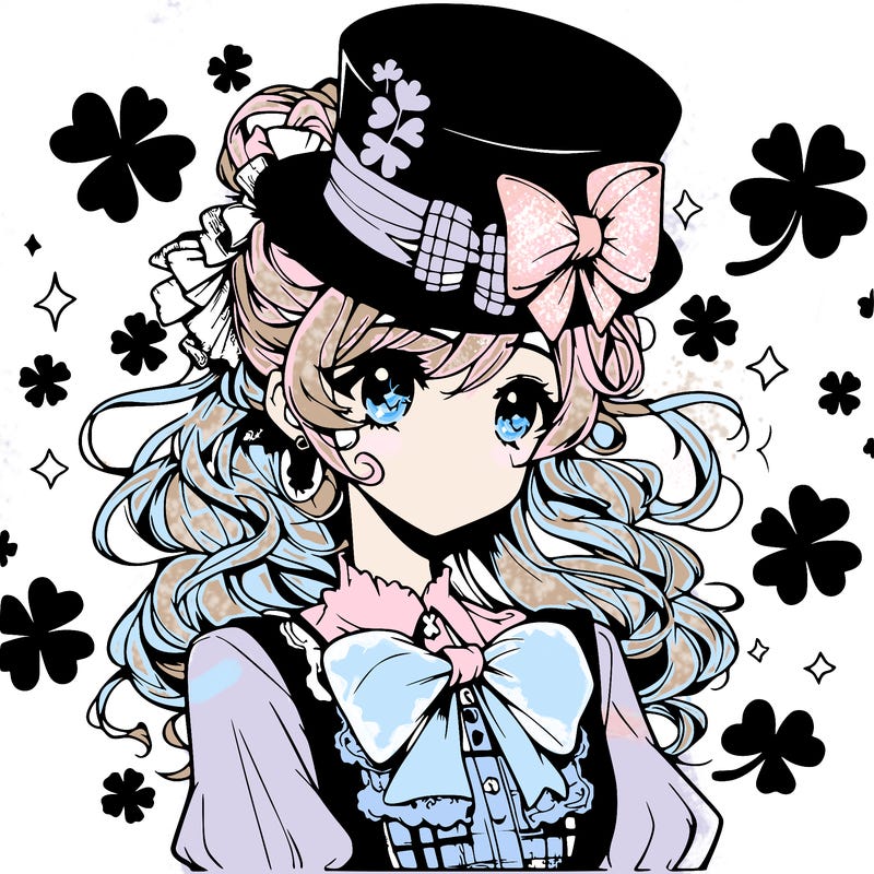 a manga-style girl with clovers around her, a little hat in her hair, like it's saint patrick's day