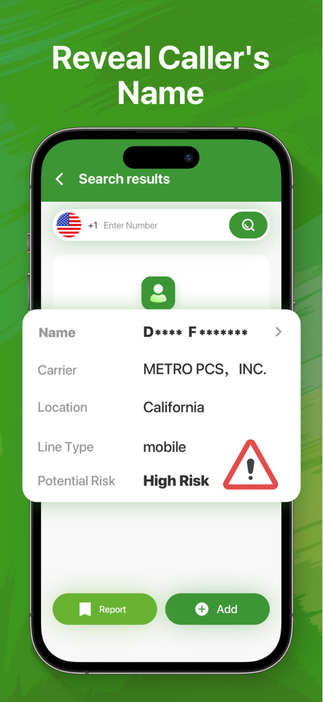 Interfaz de la aplicación Búsqueda de Números de Teléfono mostrando el resultado de una búsqueda inversa de número de teléfono con detalles del operador y una advertencia de alto riesgo.