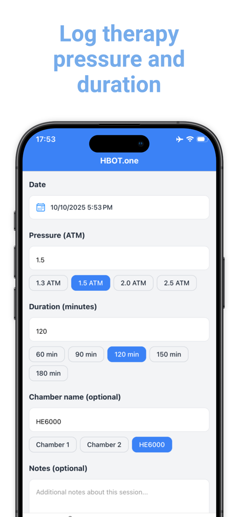 Pantalla de la aplicación HBOT.one para registrar la presión y la duración de la oxigenoterapia hiperbárica